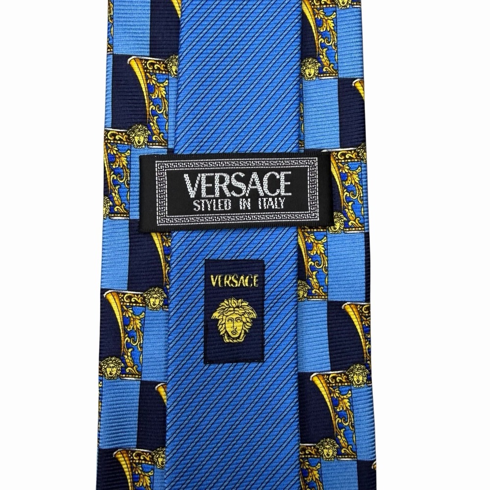 Versace Men's Tie Blue/Gold Geometric Medusa Satin Silk 3 5/8" (W) 56.5" (L) euc